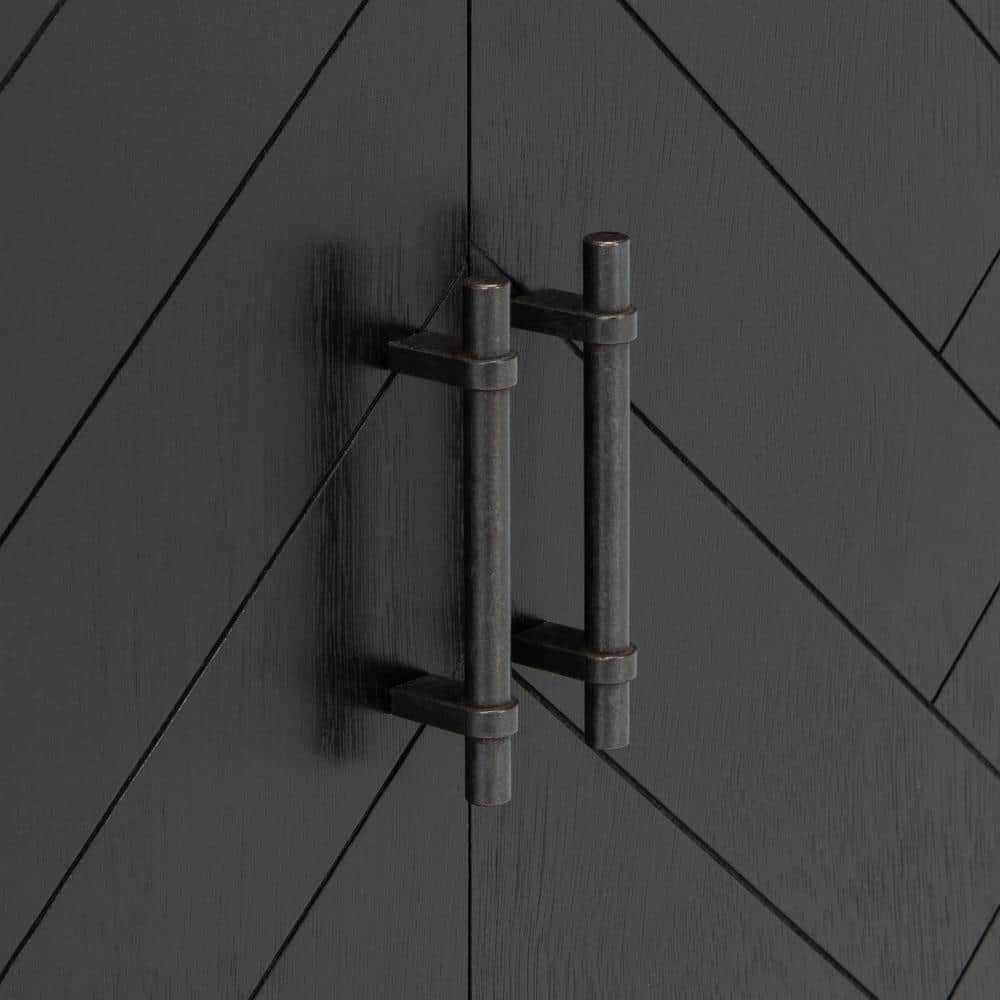 Black Wood and Metal Herringbone Storage Accent Cabinet