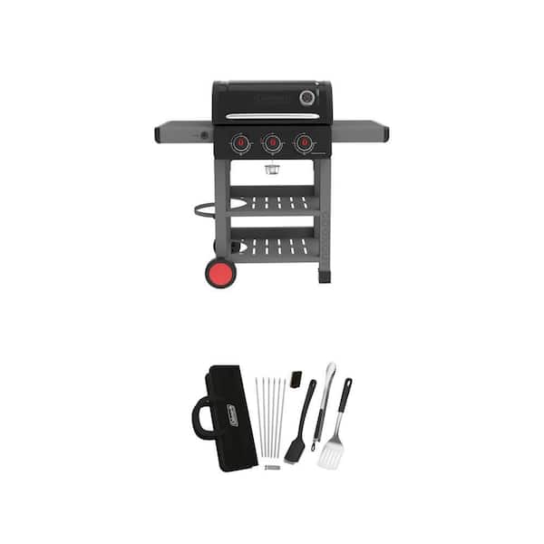 Cookout 3-Burner Black Gas BBQ Grill (535 sq. in.) and 12-Piece BBQ Grill Tool Kit Combo