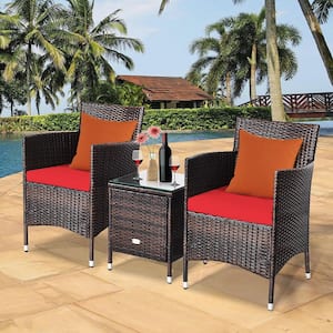 3-Pieces Patio Outdoor Rattan Wicker Furniture Set with Red Cushioned Chairs Coffee Table