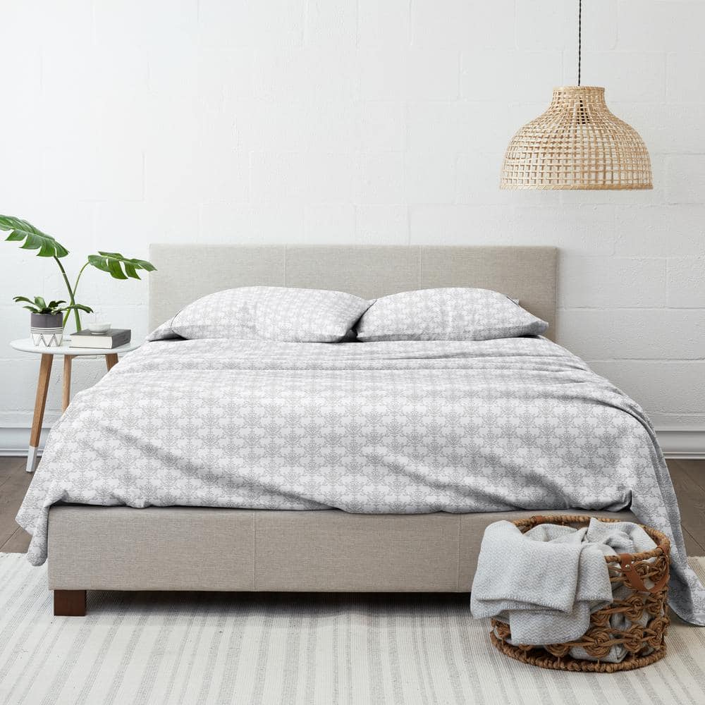 Light Gray Floral Print Microfiber Queen Sheet Set