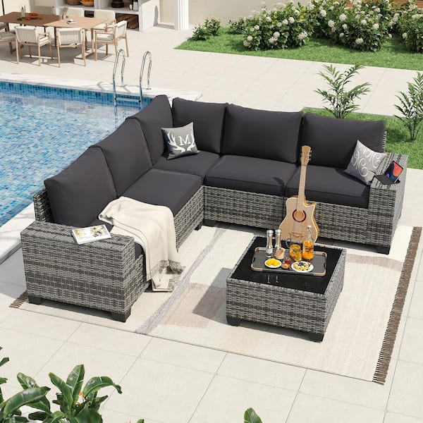 Gray 6-Pieces Rattan Wicker Steel Patio Outdoor Sectional Set with Black Cushions, Coffee Table and Cover