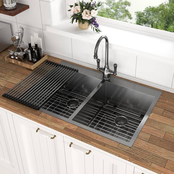 Davivy 33" X 22" X 10" Black Drop-In Kitchen Sink – 50/50 Double Bowl, 16-Gauge Stainless Steel, PVD & Nano Coating, Workstation With Faucet, Cutting Board, Colander, Grid & Roll-Up Rack