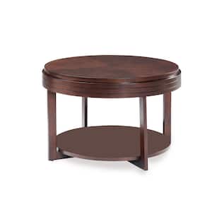 30 in. L x 30 in. D Chocolate Cherry Round Wood Coffee Table with Shelf