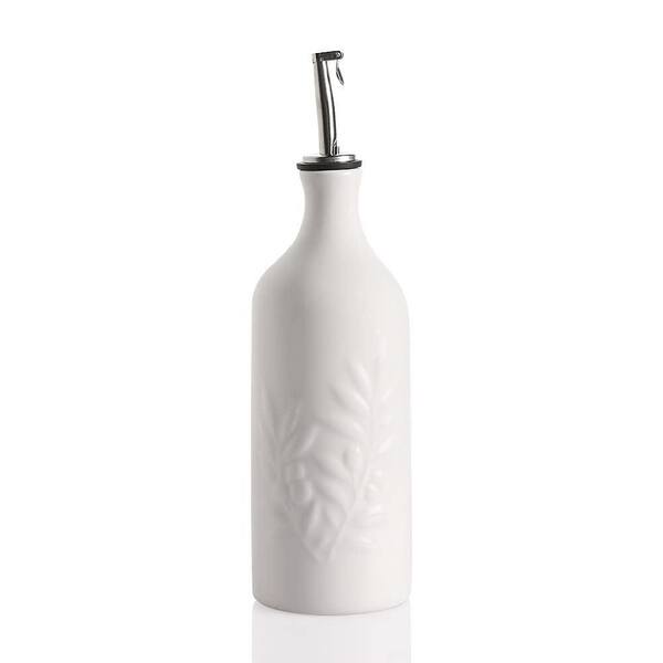 20 oz. White Ceramic Olive Oil Dispenser Bottle with Relief Design and Drip-Free Spout