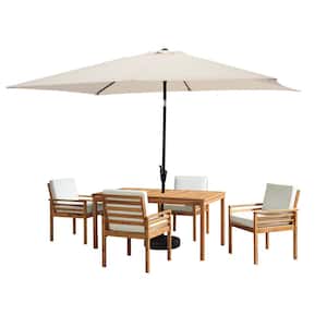 6-Piece Set, Okemo Wood Outdoor Dining Table Set with 4-Cushioned Chairs, 10 ft. Rectangular Umbrella Beige