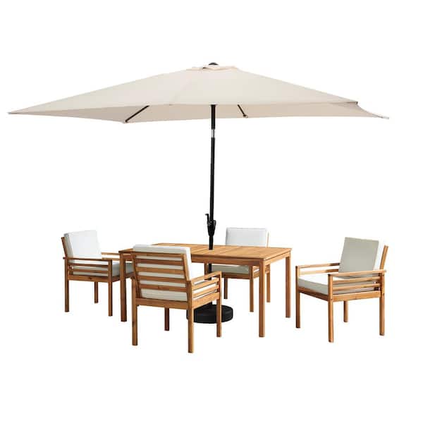 Pure Garden 6-Piece Set, Okemo Wood Outdoor Dining Table Set with 4-Cushioned Chairs, 10 ft. Rectangular Umbrella Beige