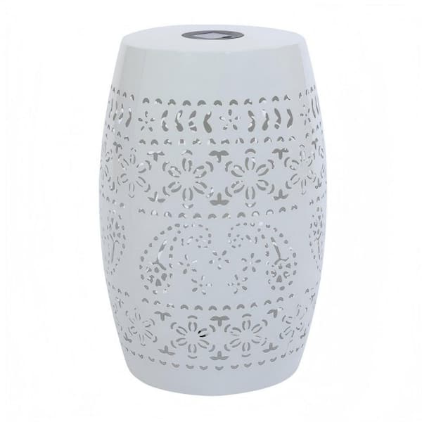 9.5 in. D x 18.25 in. H Round Metal Outdoor Patio Side Table Hollow Side Table w/ Built-in Solar Powered Light in White