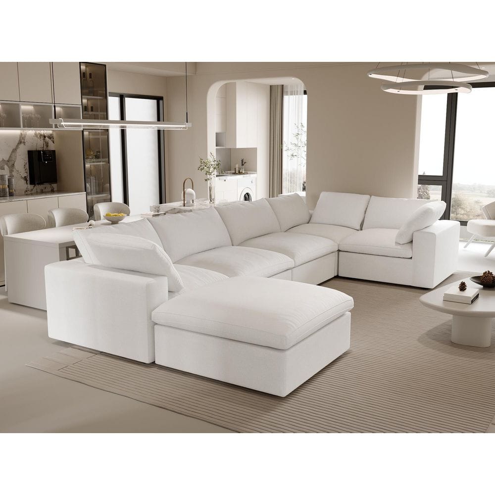 6-Piece 117.9 in. Square Arm Linen Modular Free Combination Sofa with Storage Ottoman in White