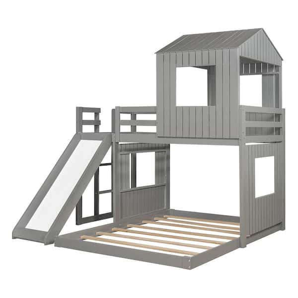 JASMODER 78.7 in. W Gray Wooden Twin Over Full Bunk Bed Loft Bed with Playhouse Farmhouse Ladder Slide and Guardrails