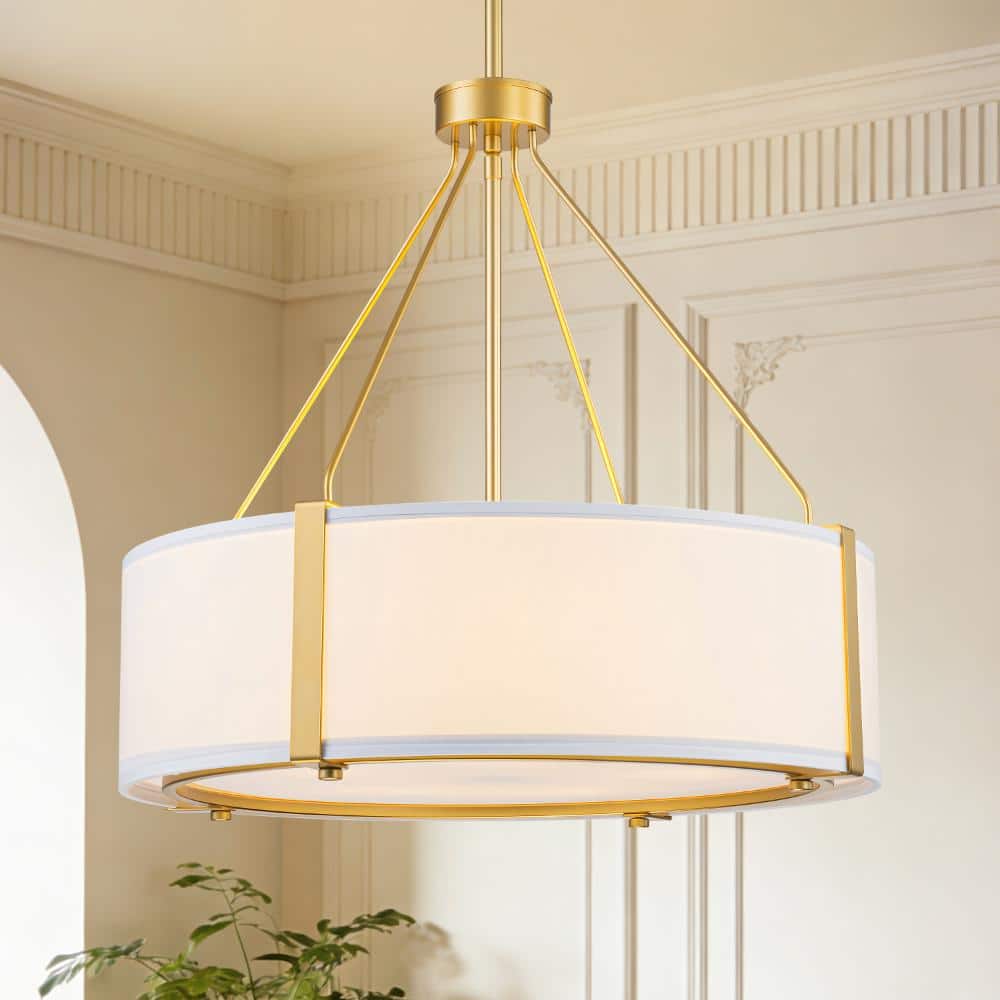 19.7 in. Modern 5-Light Gold Drum Chandelier with Fabric Shape, Adjustable Pendant Light for Dining Room Bedroom Foyer price history on PriceWatchPro