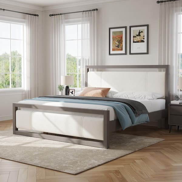 Aurora King Size Upholstered Boucle Platform Bed with Headboard, Wood Frame, Ivory Plus Grey