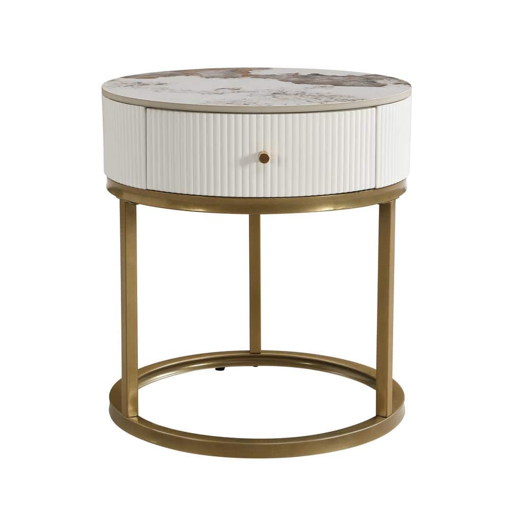 White Iron Metal Outdoor Side Table, Marble Round End Table with storage, D