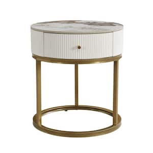 White Iron Metal Outdoor Side Table, Marble Round End Table with storage, Drawer for Living Room, Bedroom