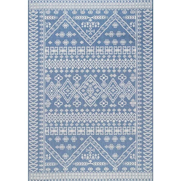 Kandace Tribal Blue 8 ft. x 11 ft. Indoor/Outdoor Patio Area Rug
