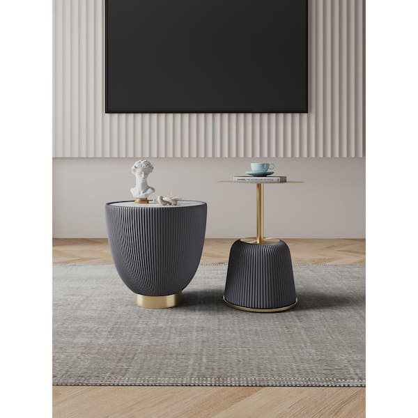 Manhattan Comfort Anderson 18.43 in. Grey Round Faux Leather Upholstered Faux Marble End Table with 15.75 in. Steel End Table