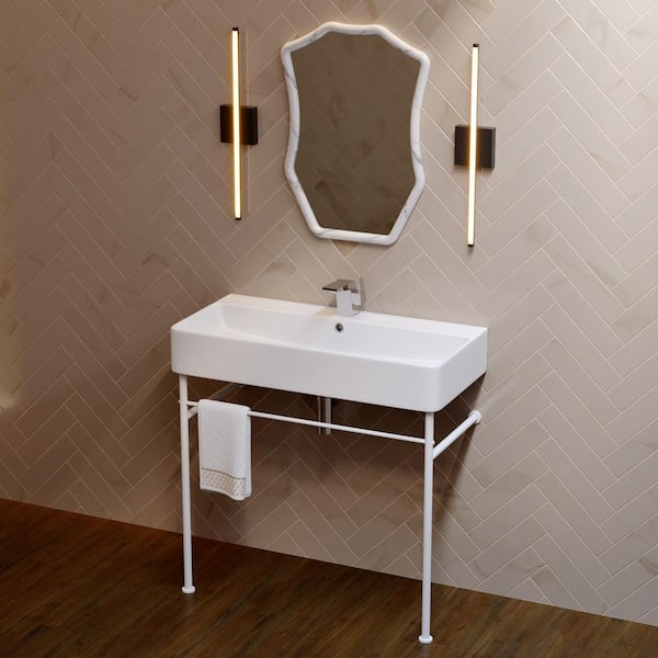 Swiss Madison Carre 36 in. Ceramic Console Sink Basin in White with Matte White Legs