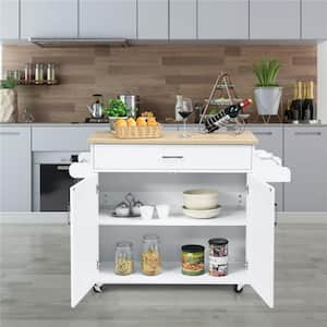 Rolling Kitchen White Island Cart Storage Cabinet with Towel and Spice Rack