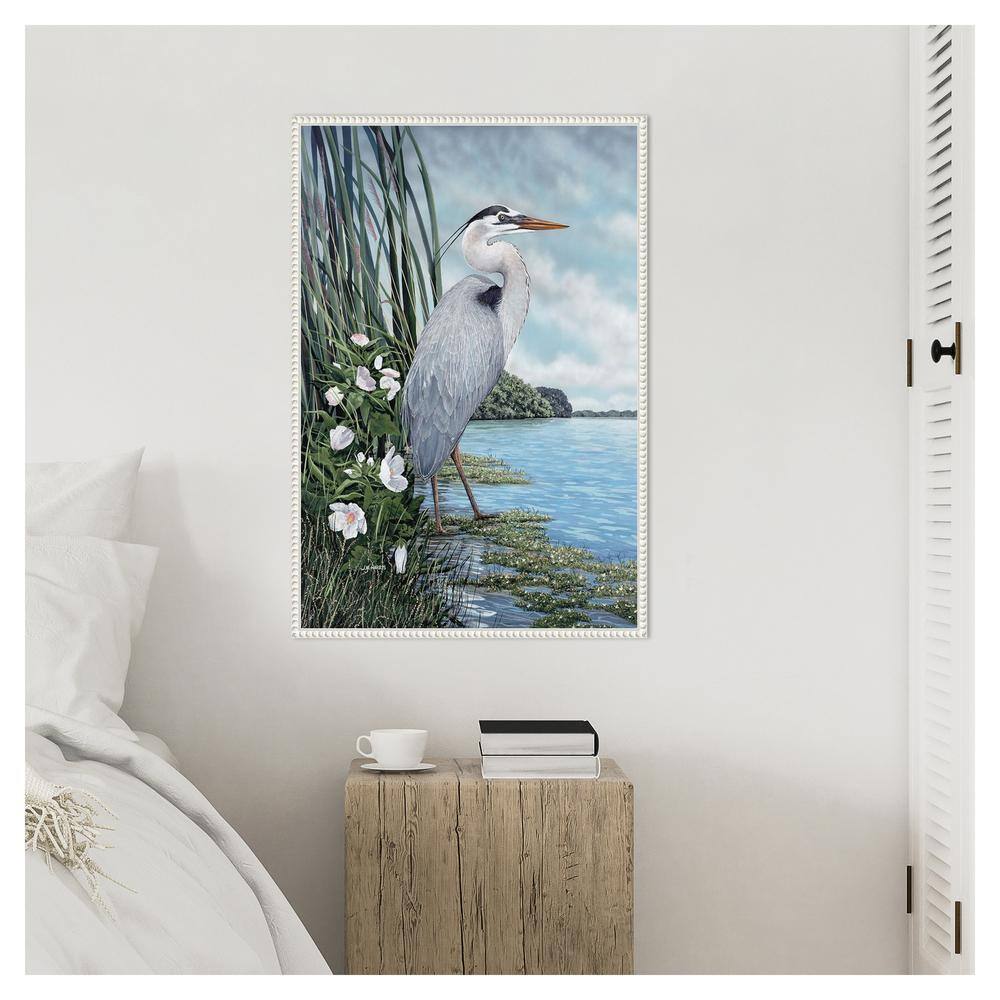 Great Blue Heron Coastal Scene Canvas Art with White Frame