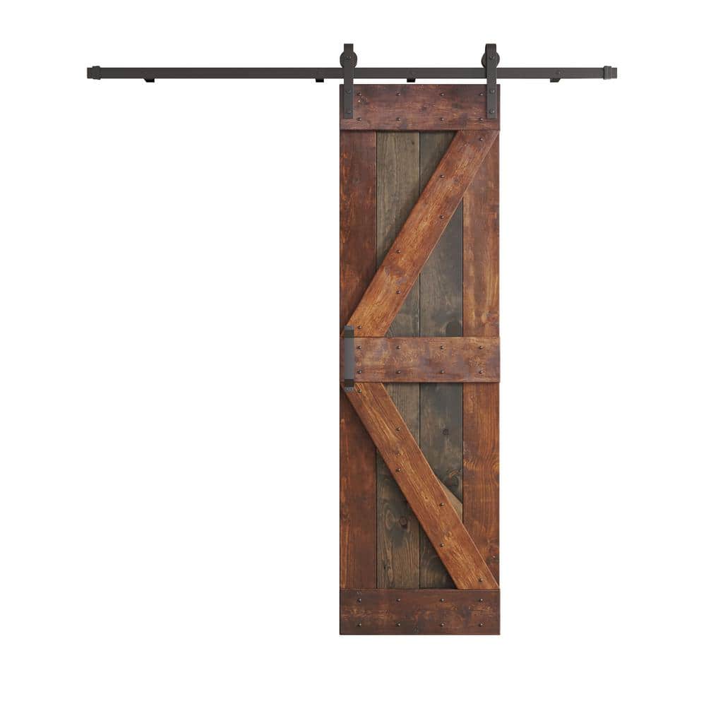 Aged Barrel Dark Walnut Pine Wood Sliding Barn Door with Steel Hardware Kit