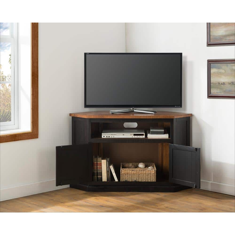 Antique Black and Honey Rustic Corner TV Stand with Cabinet