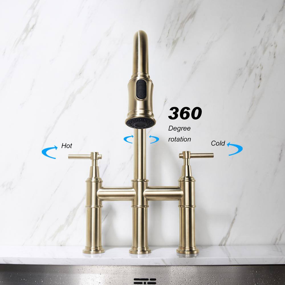 Brushed Gold Brass Bridge Kitchen Faucet with Pull-Out Spray