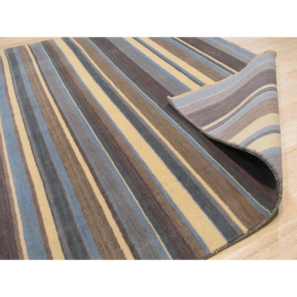 Blue/Brown 3 ft. x 5 ft. Striped Handmade Wool Area Rug