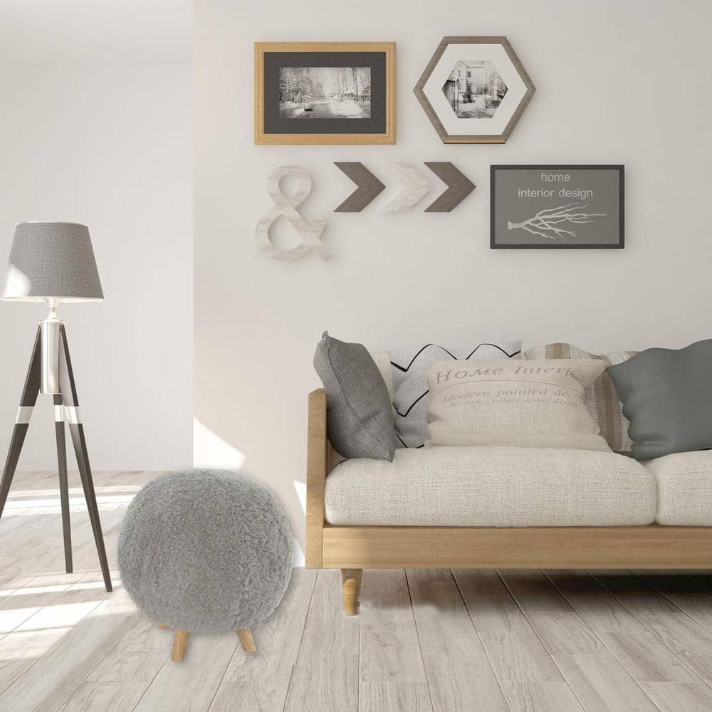 Plush Gray Round Pouf Ottoman with Sturdy Legs