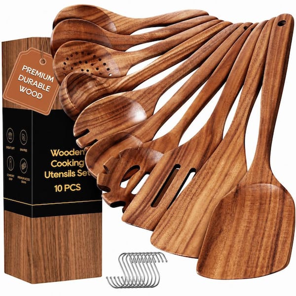 10-Piece Teak Wood Cooking Spoon and Utensil Set with Hooks, Smooth Non-Stick Finish, Heat Resistant Kitchen Tools