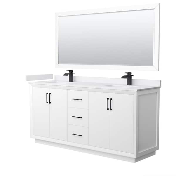 Wyndham Collection Strada 72 in. W x 22 in. D x 35 in. H Double Bath Vanity in White with White Cultured Marble Top and 70 in. Mirror