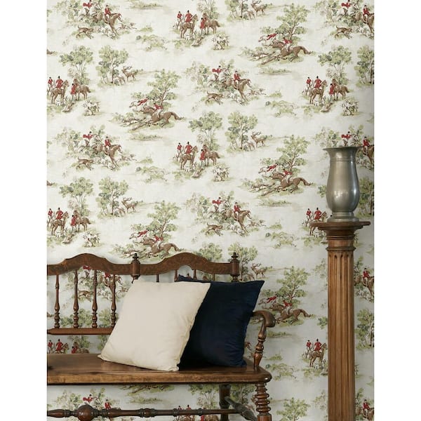 30.75 sq. ft. Rosemary and Garnet Horse Race Vinyl Peel and Stick Wallpaper Roll