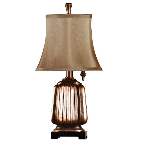 StyleCraft 21 in. Antique Copper Table Lamp with Brown Softback Fabric Shade