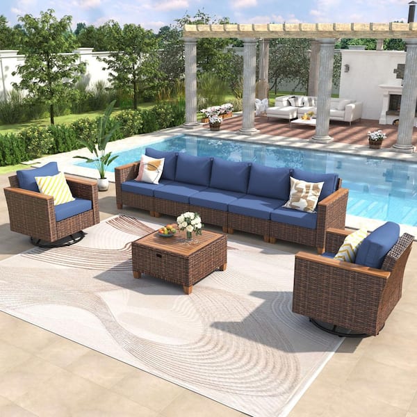 8-Piece Brown Wicker Outdoor Patio Conversation Sectional Sofa Set with Blue Thick Cushion and Acacia Storage Table