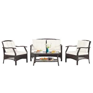 4-Pieces Wicker Patio Conversation Set Rattan Sofa Set with Protective Cover and Beige Cushions