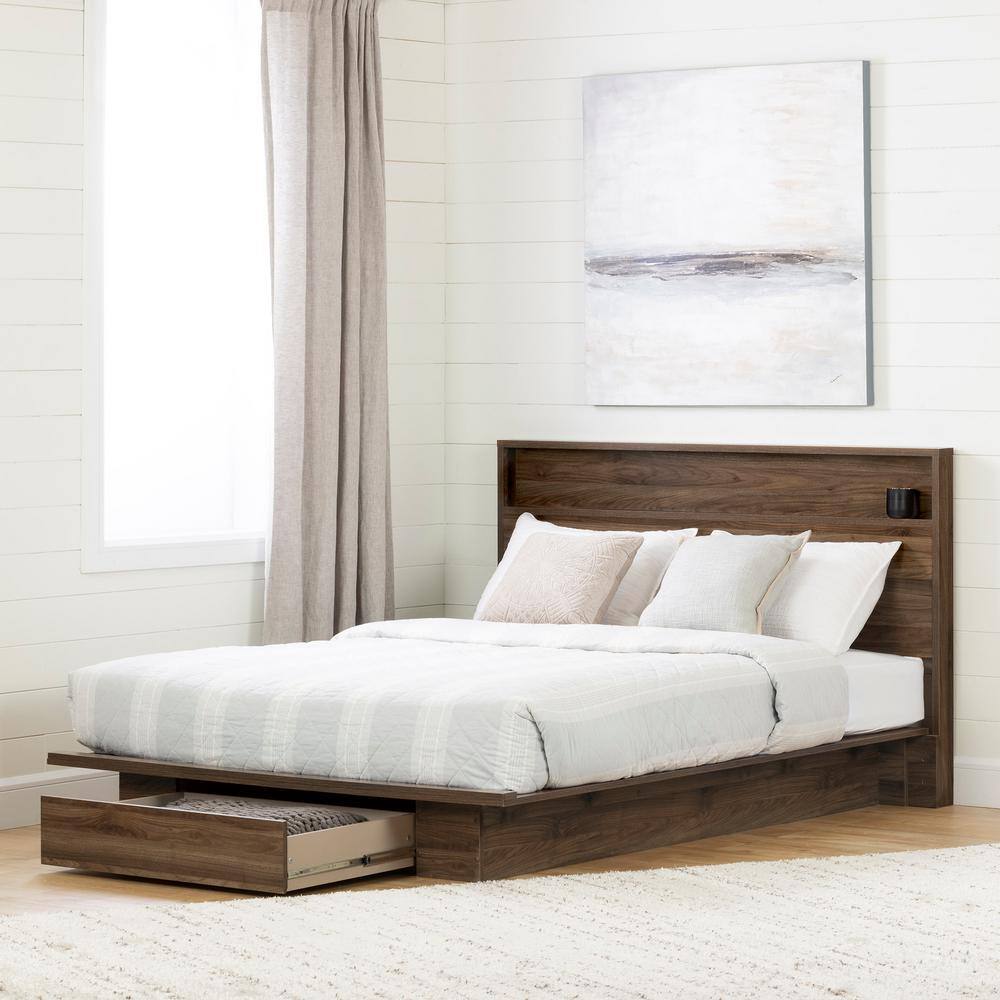 Queen Walnut Wood Frame Platform Bed with Storage Drawer