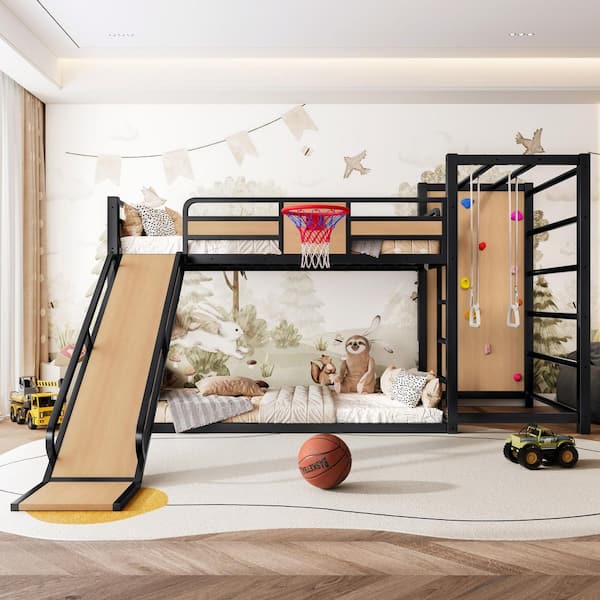 Yellow MDF+Metal Twin Over Twin Bunk Bed with Basketball Hoop