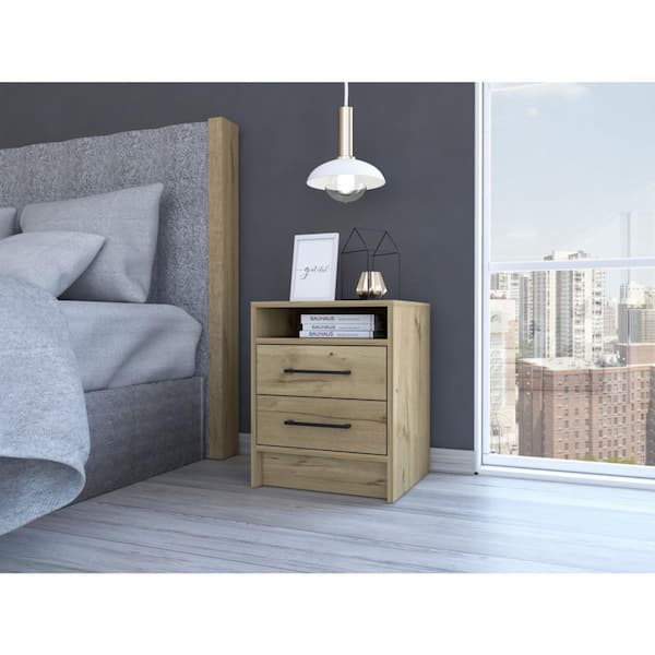 HomeRoots Valerie 2 -Drawer Light Oak Nightstand [ 19.9 in. H X 15.7 in. W X 14.7 in. D ]