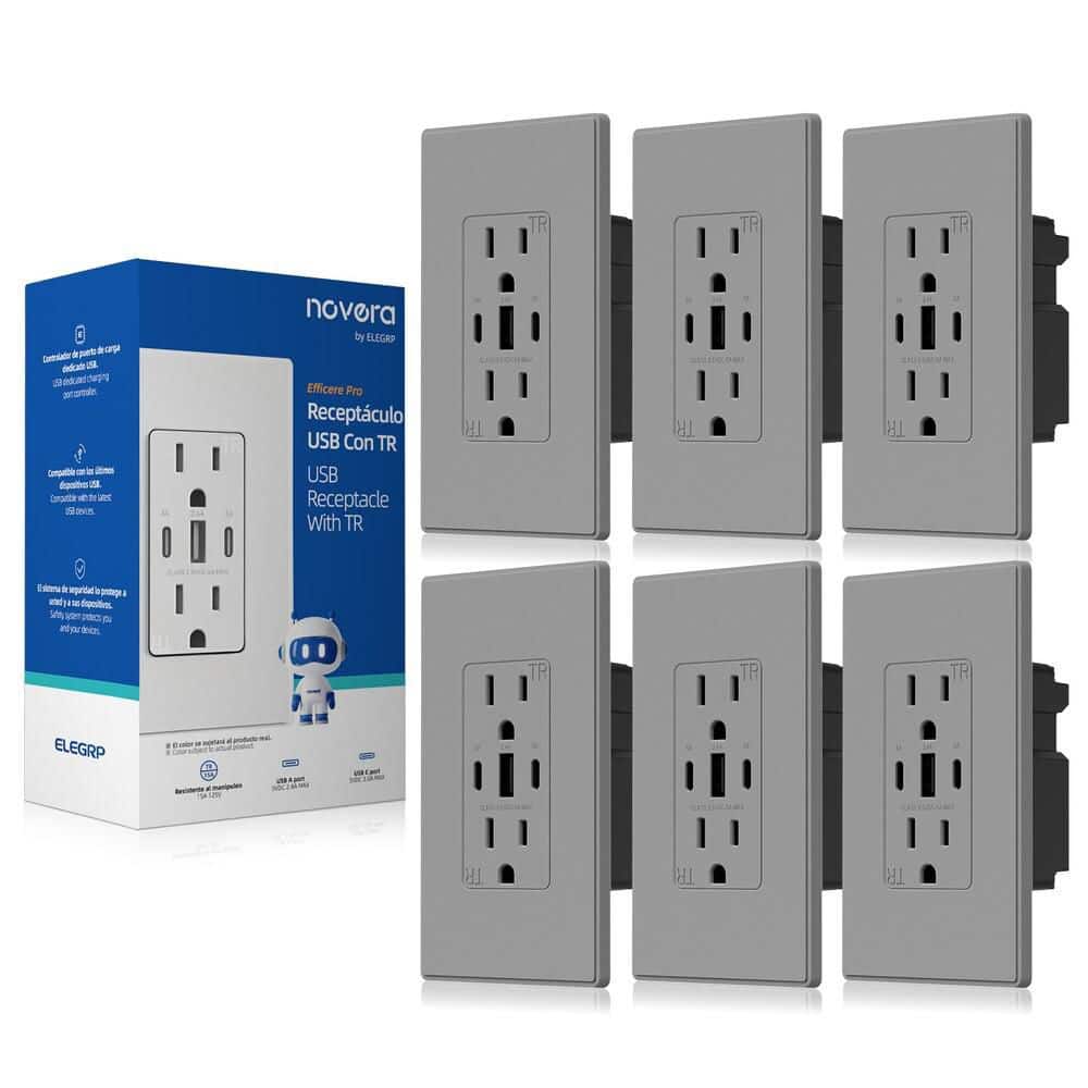 30W 6.0 Amp 3-Port USB Wall Outlet 15A Duplex Receptacle with Dual Type C and A Ports, w/ Wall Plate, Matte Grey 6-Piece price history on PriceWatchPro