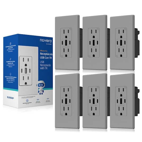 30W 6.0 Amp 3-Port USB Wall Outlet 15A Duplex Receptacle with Dual Type C and A Ports, w/ Wall Plate, Matte Grey 6-Piece