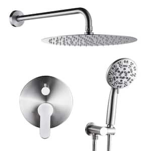 9-Spray 12 in. Wall Mounted Fixed Round Shower Head and Handheld Shower Head with 1.8 GPM Brass Valve in Brushed Nickel