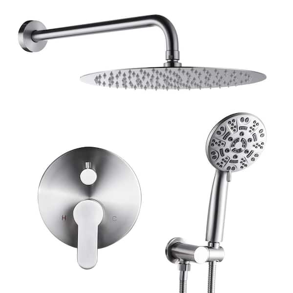 IVIGA 9-Spray 12 in. Wall Mounted Fixed Round Shower Head and Handheld Shower Head with 1.8 GPM Brass Valve in Brushed Nickel