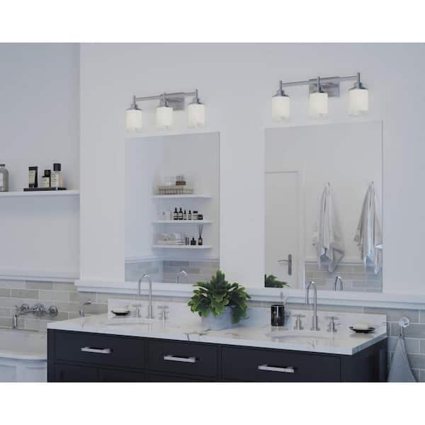 Alexa Collection 22 in. 3-Light Brushed Nickel Etched Linen With Clear Edge Glass Modern Bathroom Vanity Light