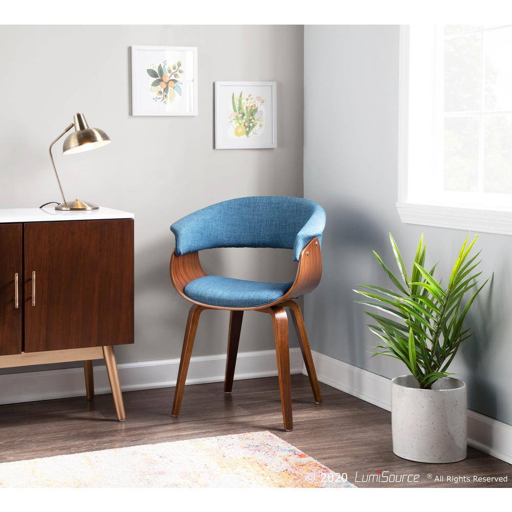 Set of 2 Blue Velvet Walnut Wood Upholstered Arm Chairs