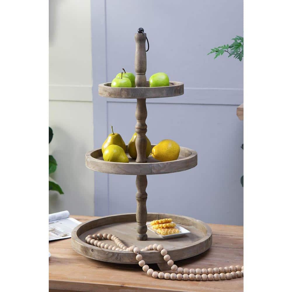 Woodruff Weathered Natural 3-Tier Round Wood Serving Tray