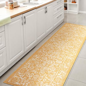 Tela Bohemian Textured Weave Floral Yellow/Cream 2 ft. x 10 ft. Indoor/Outdoor Area Rug