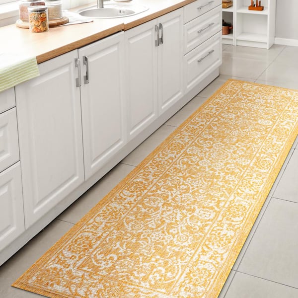 JONATHAN Y Tela Bohemian Textured Weave Floral Yellow/Cream 2 ft. x 10 ft. Indoor/Outdoor Area Rug