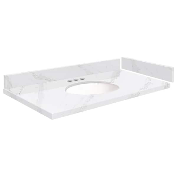 Transolid Silestone 33.5 in. W. x 22.25 in. D Qt. White Round Single Sink Vanity Top in Calacatta Gold