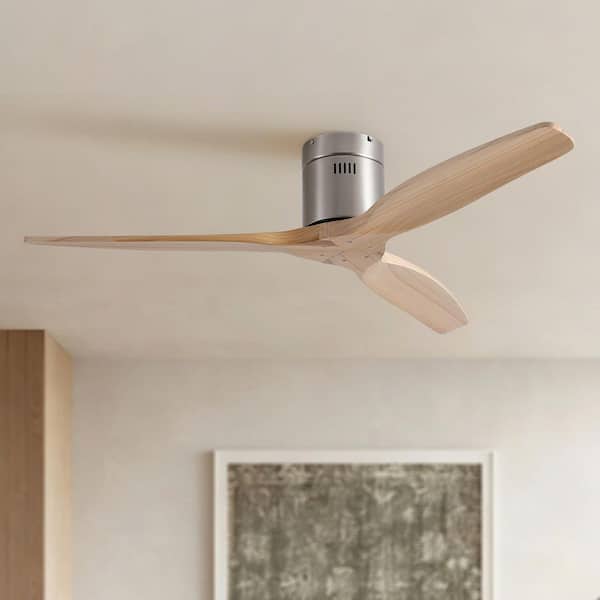 52 in. W Indoor Nicke Flush Mount Standard Wood Ceiling Fan with Remote Control, no Light