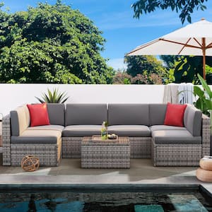 Gray 7-Piece Wicker Rattan Outdoor Sectional Set with Patio Fire Pit Gray Cushions