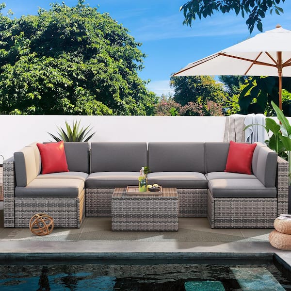 Sizzim Gray 7-Piece Wicker Rattan Outdoor Sectional Set Gray Cushions and Coffee Table