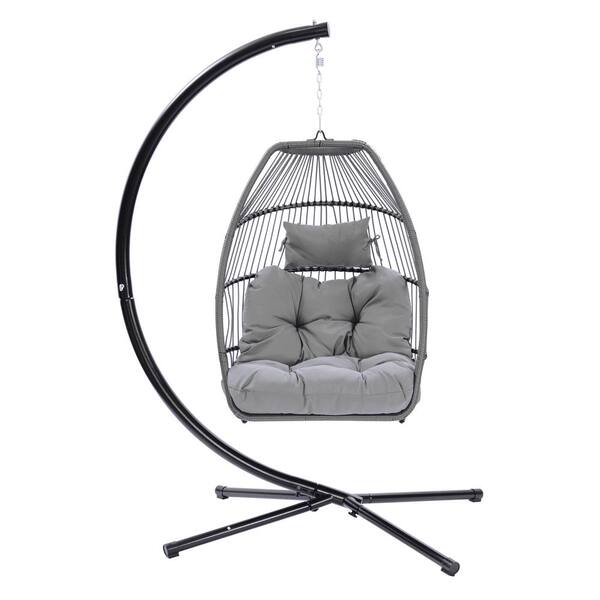 FORCLOVER Outdoor Steel Patio C Type Bracket Hanging Swing Egg Chair with Gray Cushion and Pillow